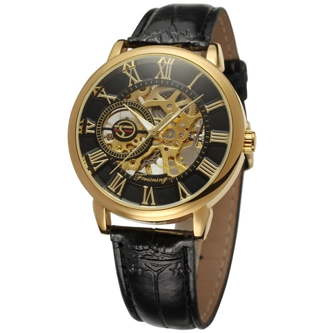 FORSINING Vintage Skeleton Mechanical Watch For Men Roman Numerals Dial Luminous Hands Metal Case Faux Leather Strap