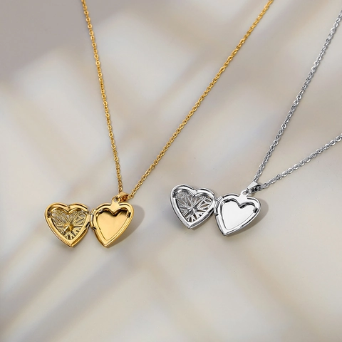 Collar Relicario Corazón Acero Inoxidable Chapado En Oro 18K Colgante Para Foto Joyería Vintage Para Mujer
