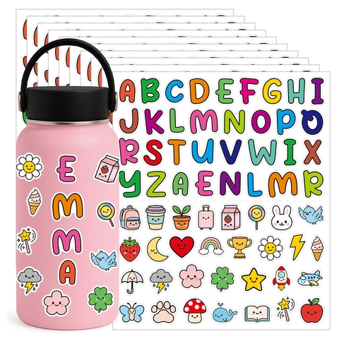 Autocollants Alphabet Icônes Dessin Animé Vinyle Imperméable Étiquettes Nom Pour Gourdes Boîtes Déjeuner DIY Mat