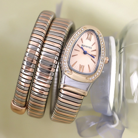 Snake Shaped Women Quartz Watch With Rhinestone Inlaid Stainless Steel Coil Wrap Bracelet Luxury Fashion Wristwatch