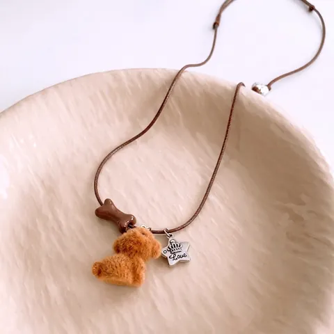Collier Pendentif Chien En Peluche Dessin Animé Mignon Corde Cire Réglable Chaîne Pull Longue Étoile Os Pour Femmes