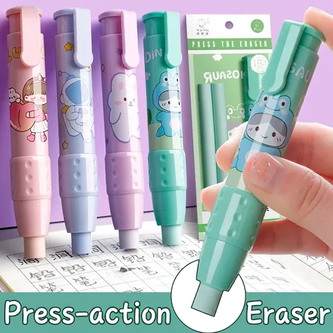 Retractable Mechanical Eraser Pen Style Refillable Cartoon Print Low Debris School Office Stationery For Students