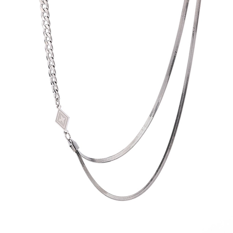 Rhombus Star Pendant Double Layer Necklace Titanium Steel Spliced Cuban Snake Bone Chain Hip Hop Jewelry For Women Men
