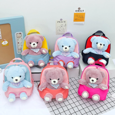 Kids Cartoon Backpack With Detachable Plush Teddy Bear Toy Waterproof Nylon Lightweight School Bag For Toddler Girls Boys