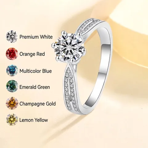 Anillo de Moissanita de Plata de Ley S925 para Mujer Lujo Corte Redondo Engaste de Seis Garras Joyería Regalo