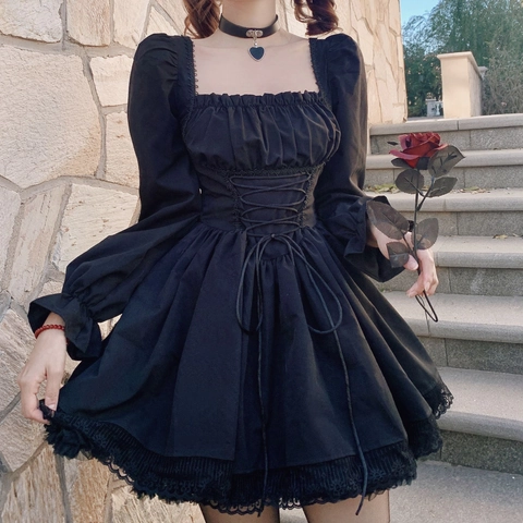 Gothic Lolita Mini Dress Long Puff Sleeve Square Neck Lace Up Corset Waist Polyester Cotton Sweet Elegant Party