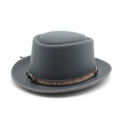 Vintage Wool Felt Pork Pie Hat With Ethnic Woven Band Leather Buckle Flat Top Boater Hat For Men And Women