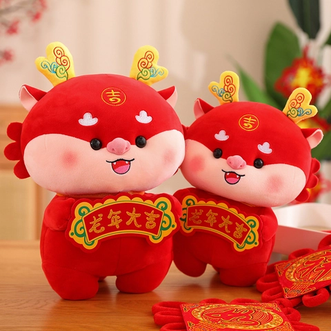 Mascota del Año del Dragón del Zodiaco Chino Peluche Dragón Rojo Muñeca Decoración Festiva para el Festival de la Primavera Regalo de Año Nuevo