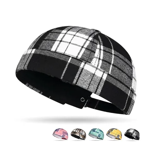 Cappello Docker A Quadri Senza Tesa Miki Cap Retro Streetwear Regolabile Misto Cotone Patchwork Vintage Beanie
