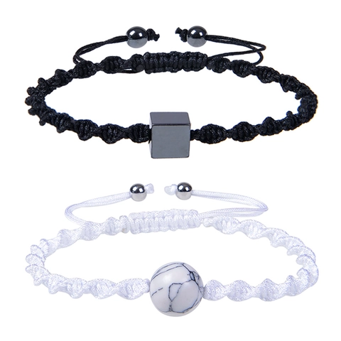 Bracelet En Corde Tressée À La Main Avec Perles En Pierre Naturelle Et Hématite Carrée Ajustable Pour Couples Cadeau