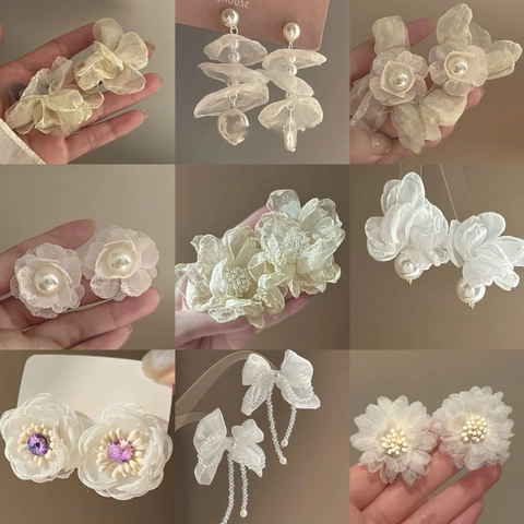 Elegant Fabric Flower Tassel Earrings With Imitation Artificial Pearl And Silver Earring Post Elegant Jewelry For Women