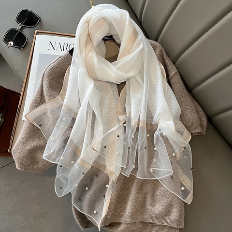 Elegante Bufanda Satén Sintética Mujer Adornos Perlas Artificiales Rayas Brillantes Ligero Suave Envoltura Accesorio Pashmina Moda