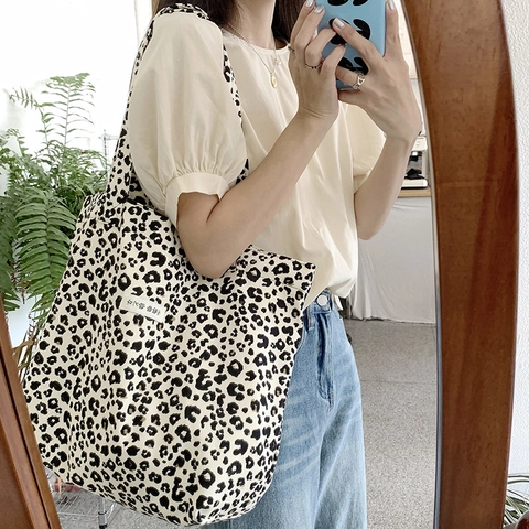 Leopard Print Canvas Tote Bag Large Capacity Casual Shoulder Handbag For Women Daily Shopping Retro Chic