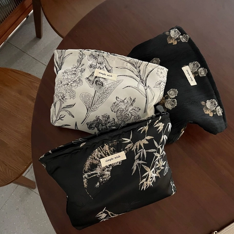 Trousse De Toilette Style Chinois Vintage Tissu Jacquard Doublure Toile Motif Floral Bambou Organisateur Maquillage Pochette
