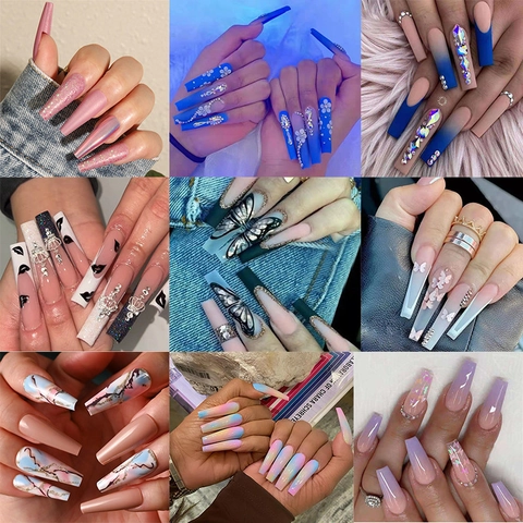Long Coffin Press On Nails Artificial Finger Nail Tips Marble Butterfly Design Rhinestone Glitter For Women Manicure Decor