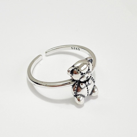 925 Sterling Silver Teddy Bear Ring 3D Animal Adjustable Retro Vintage Style Jewelry For Women