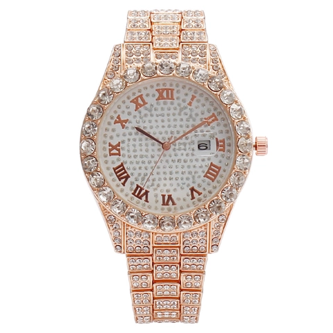 Orologio Al Quarzo Di Lusso Da Donna Completamente Impreziosito Da Strass Numeri Romani Datario Moda Cinturino In Metallo