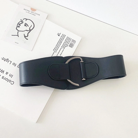 Women's Fashion Wide Waist Cincher Belt Minimalist Artificial Leather Elastic Corset Belt With Silver Metal Buckle For Dresses