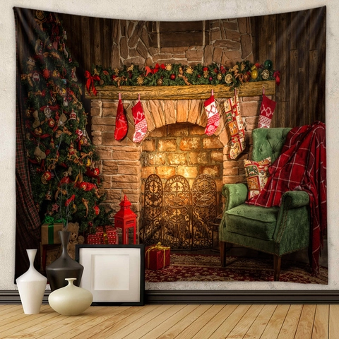Tenture Murale Noël Polyester Cheminée Sapin Impression Numérique Décoration Fond Maison Vacances Festive