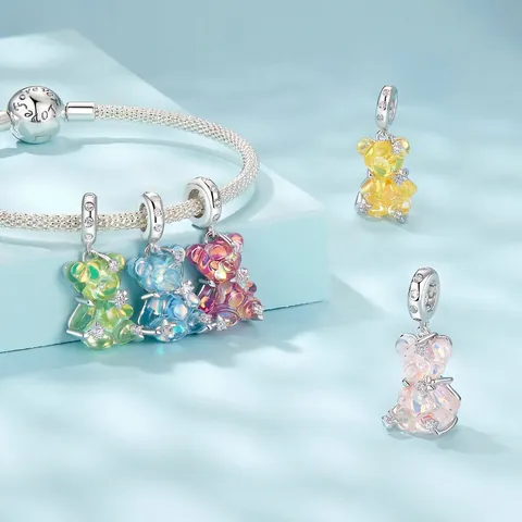 925 Sterling Silver Dreamy Iridescent Bear Pendant Charm For DIY Bracelet Necklace Making With Zirconia Resin Star Jewelry