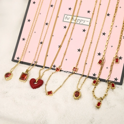 Edelstahl Zirkon Herz Anhänger Halskette Rot Emaille Zierlich Elegant Mode Schmuck Geschenk Für Frauen