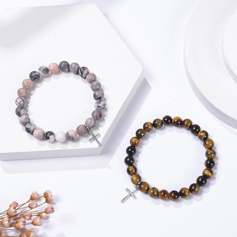 Bracciale Di Perline In Pietra Naturale Con Ciondolo A Croce In Lega Gioielli Carta Di Benedizione Religiosa Per Battesimo
