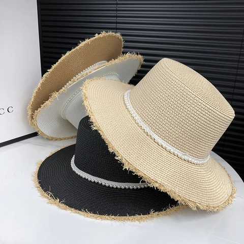 Women Woven Straw Boater Hat Flat Top Wide Brim Artificial Pearl Decor Frayed Edge UV Protection Beach Sunshade