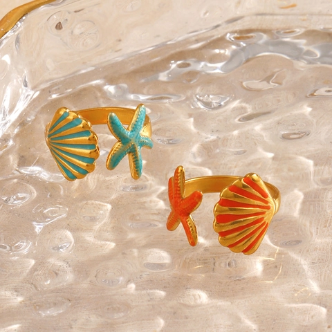 Starfish Shell Offener Ring Edelstahl Vergoldet Emaille Verstellbar Ozean Sommer Strand Schmuck Für Damen