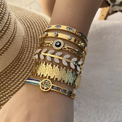 Brazalete De Acero Inoxidable Chapado En Oro Con Ojo Turco Árbol De La Vida Y Hoja Strass Incrustado Joyería Retro Mujer