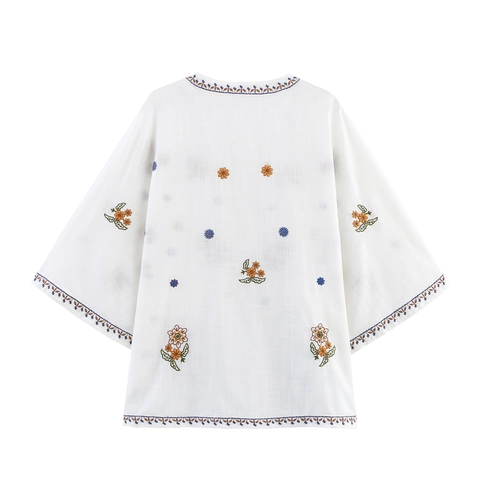 Camicetta Da Donna Con Scollo A V Misto Cotone Maniche Lunghe Ricamo Floreale Stile Bohémien Etnico Top Casual