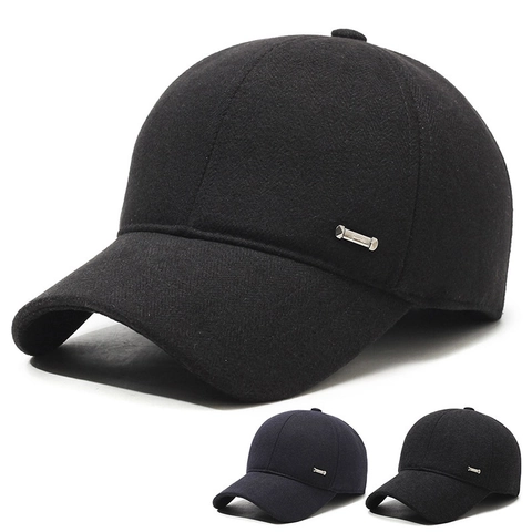Men Winter Baseball Cap Thick Woolen Herringbone Warm Ear Flaps Hat Windproof Adjustable Outdoor Peaked Cap Solid