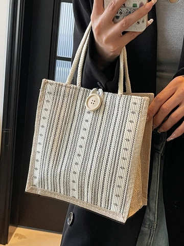 Striped Cotton Linen Handbag Woven Rope Handle Portable Tote With Button Zipper Closure For Women Girls Casual School Travel
