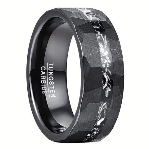 Bague Homme Carbure De Tungstène Finition Martelée Imitation Météorite Incrustation Ajustement Confort Affaires Vintage Noir Bande