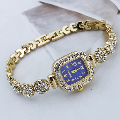 Luxury Square Rhinestone Women Quartz Watch Elegant Alloy Stainless Steel Link Bracelet Watch Flower Design Fashion Gold Dress Watch For Lady