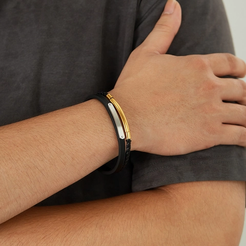 Men's Fashion Retro Double Layer Leather Bracelet With Stainless Steel Clasp Black Braided Leather Jewelry Gold Silver Metal Accents