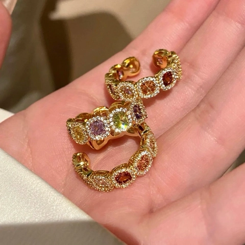 Zircon Square Open Ring 14K Gold Plated Copper Multicolor Rainbow Adjustable Finger Jewelry For Women