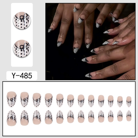 Künstliche Fingernägel Französisch Lang Mandel Nude Rosa Schwarz Gepunktet Schleife Design Glänzend Für Frauen