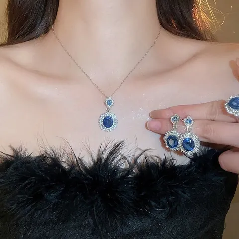 Vintage Oval Blaue Saphir Schmuck Halskette Ohrringe Ring Legierung Strass Halo Elegante Accessoires Für Damen