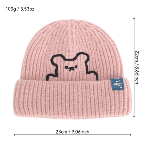 Bear Embroidery Acrylic Knitted Beanie Hat Ribbed Foldable Brim Warm Windproof Fashion Cold Cap For Men Women