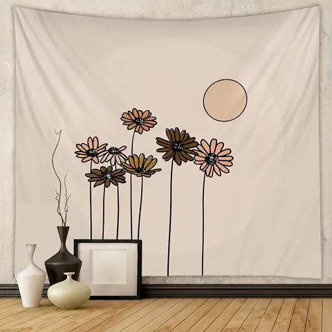 Tapiz De Pared Bohemio Arte De Línea Minimalista Girasol Sol Tela Colgante Estética Poliéster Decoración Para Dormitorio