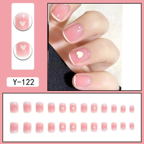 French Tip Press On Nails Pink Ombre White Heart Design Short Round False Nails For Women Wearable Manicure