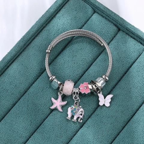 Elephant Charm Bracelet Stainless Steel Twisted Wire Bangle Enamel Flower Butterfly Starfish For Women Girls Sweet Jewelry