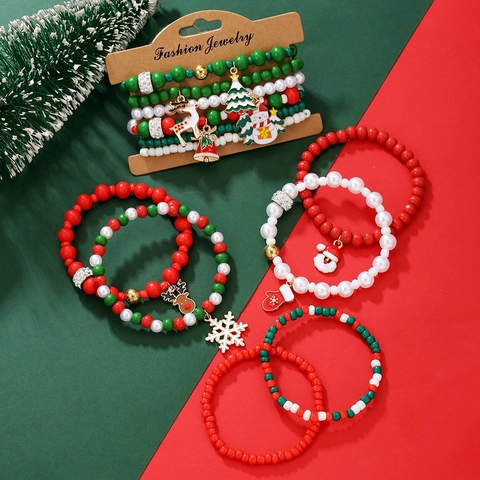 Braccialetti Perline Natale Legno Perline Plastica Ciondoli Smalto Lega Festa Albero Babbo Natale Renna Fiocchi Neve