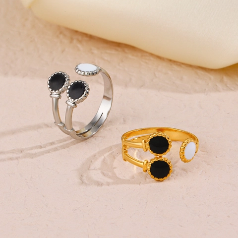 Adjustable Ring Stainless Steel Gold Plated French Retro Geometric Circular Discs Black White Enamel Trendy