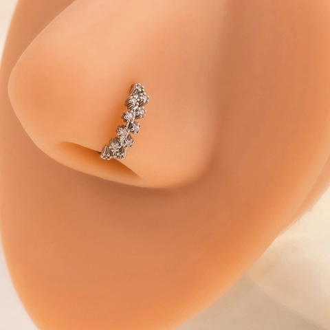 Rhinestone Nose Hoop Copper Leaf Flower Design Non Piercing Jewelry Silver Color For Women
