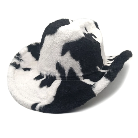 Chapeau De Cow-Boy Imprimé Vache Fausse Fourrure Style Occidental Bord Large Chaud Peluche Hiver Mode Femmes
