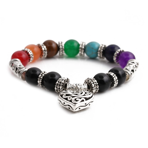 7 Chakra Agate Beaded Bracelet For Men Women Vintage Hollow Heart Pendant Elastic Yoga Meditation Natural Stone Jewelry