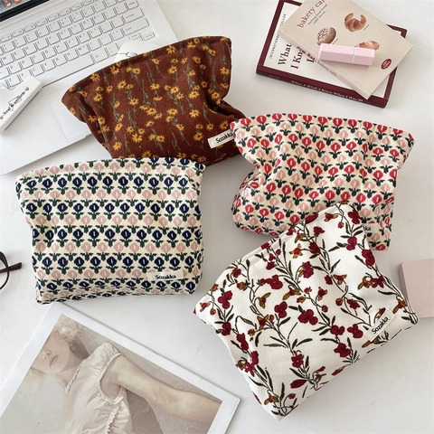 Borsa Da Trucco In Velluto A Coste Floreale Vintage Portatile Pochette Per Cosmetici Da Viaggio Per Donna