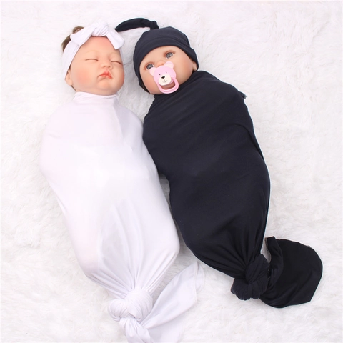 Newborn Swaddle Blanket Knot Hat And Bow Headband Soft Stretchy Knit Solid Color Anti Startle Wrap For Infants