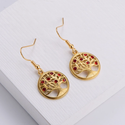 Tree Of Life Necklace And Earrings 18K Gold Plated Stainless Steel Red Rhinestone Hollow Round Jewelry For Women